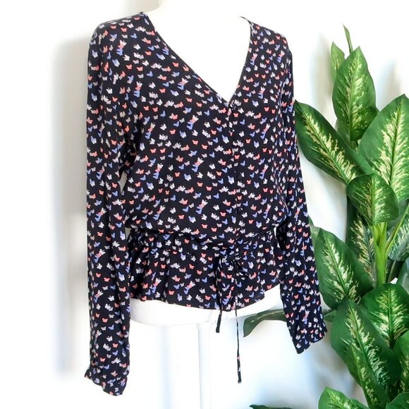 Rails Black Butterfly Print V-neck Button Front Waist Tie Peplum Blouse Top M - Picture 7 of 14